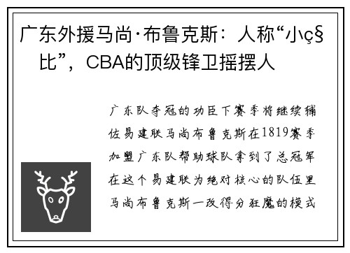 广东外援马尚·布鲁克斯：人称“小科比”，CBA的顶级锋卫摇摆人