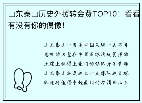 山东泰山历史外援转会费TOP10！看看有没有你的偶像！
